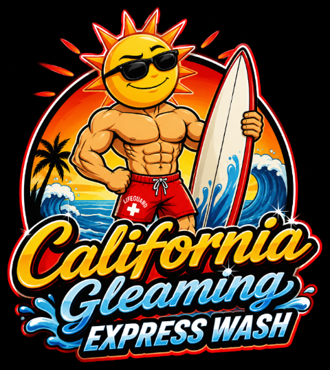 California Gleaming Express Wash logo featuring muscular sun character with sunglasses holding surfboard
